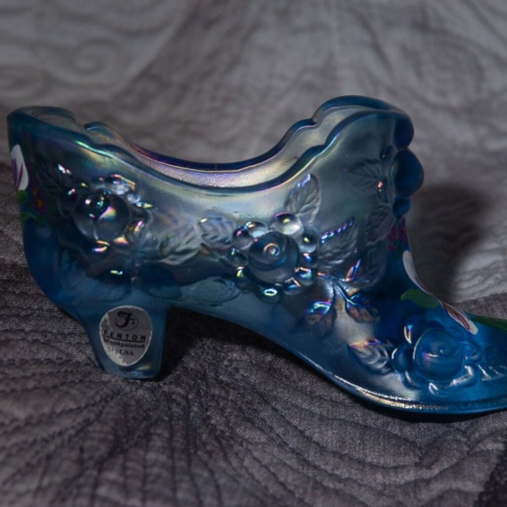 Signed Hand Painted Fenton Blue Carnival Glass Boot